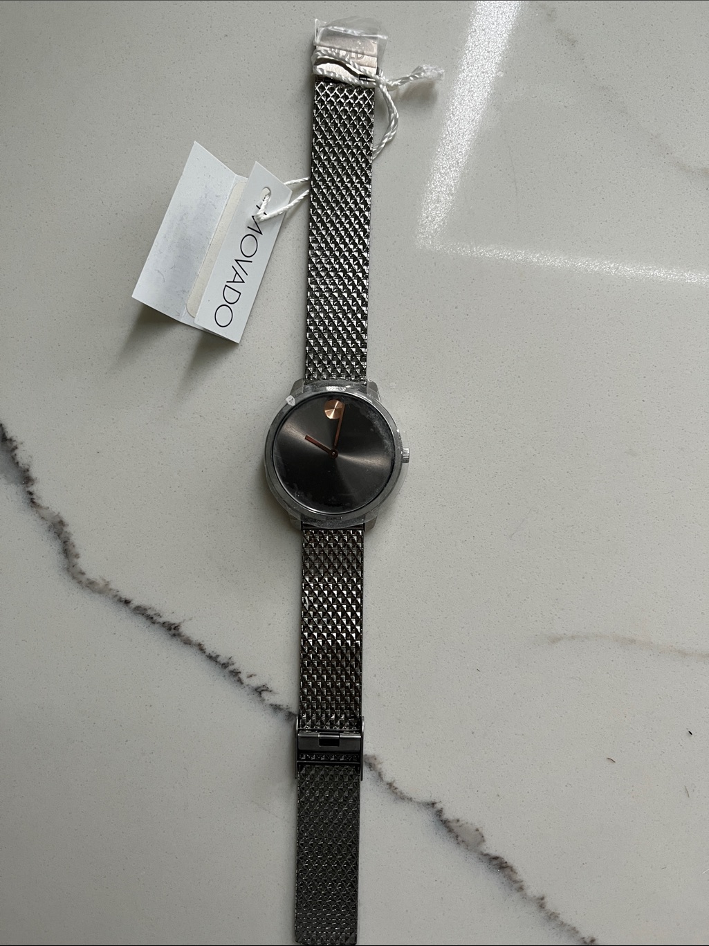 Movado Silver Mesh Bracelet Watch With Black Dial And Rose Gold Accents